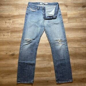 Diesel Jeans Men 34x34 Blue Straight Leg Made Italy Distressed Wash Vintage Y2K